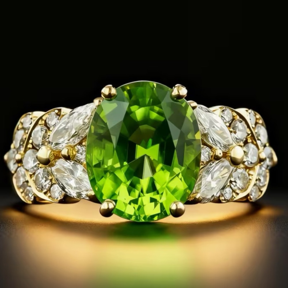 Gold Ring with Vibrant Green Oval Gemstone and Clear Side Stones